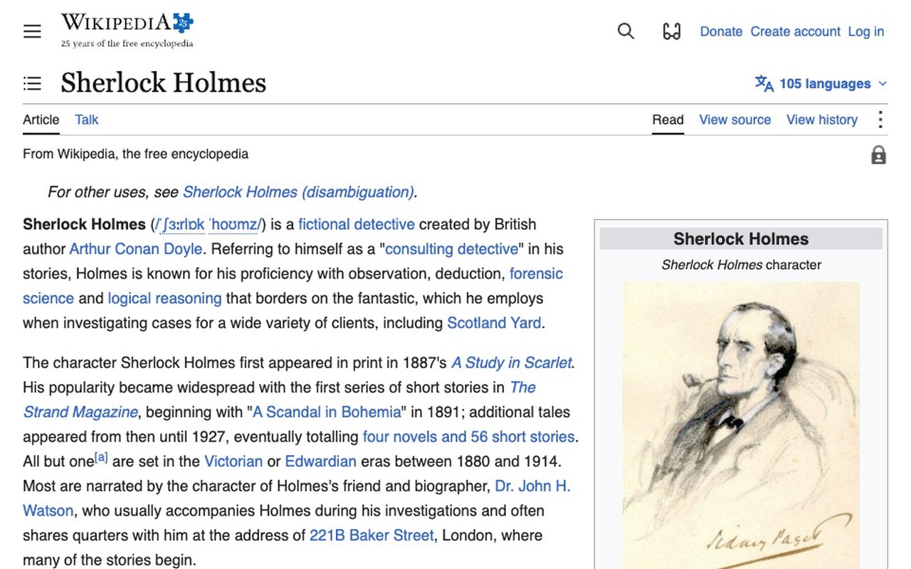 Wikipedia's Sherlock Holmes article with its menus and sidebars